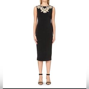 Ted Baker fitted black knee length dress with gold embroidery
